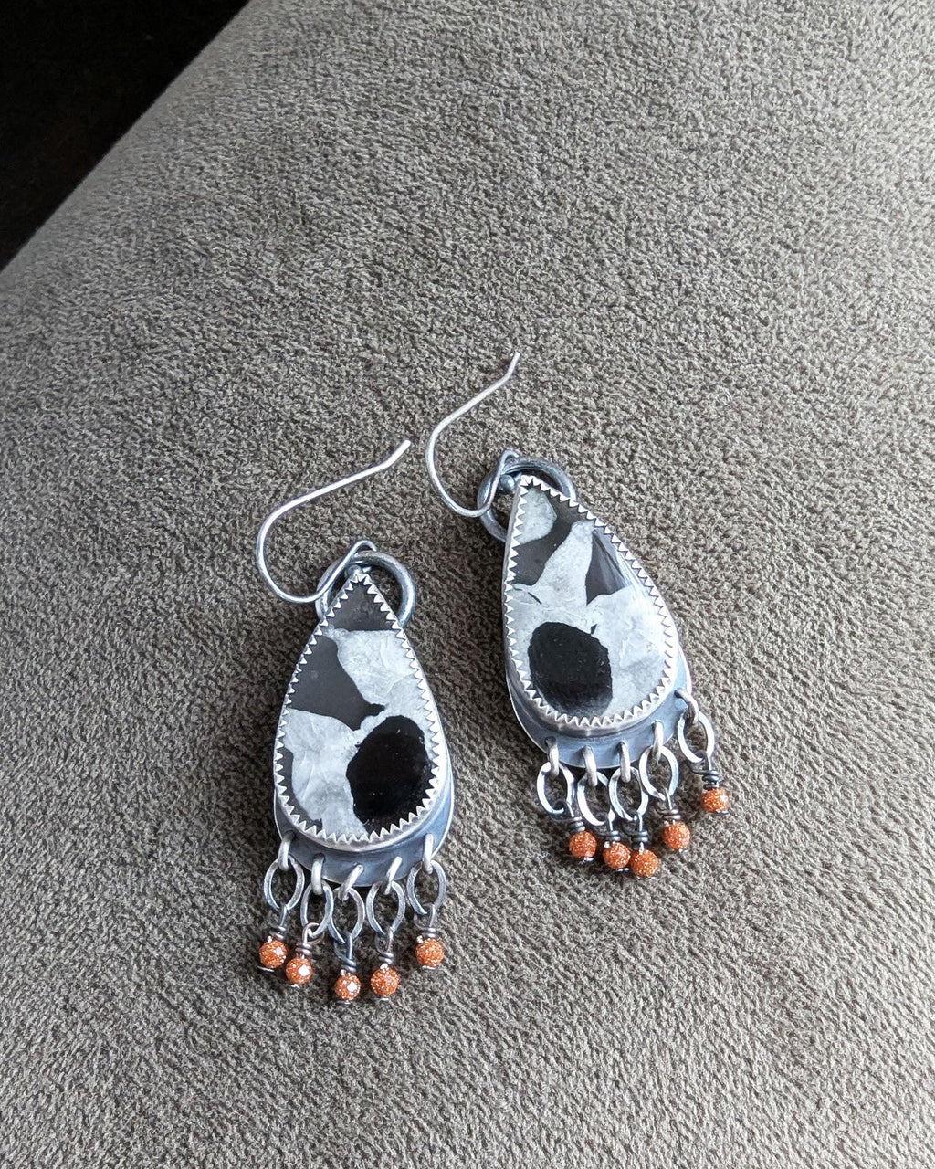 Sterling silver earrings with septarian fossil and goldstone bead accents
