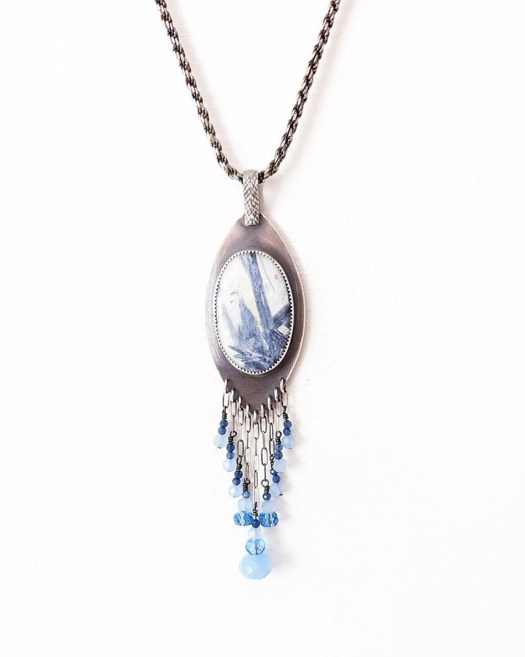 Bold blue pendant with kyanite quartz and cascading bead detail chain not included