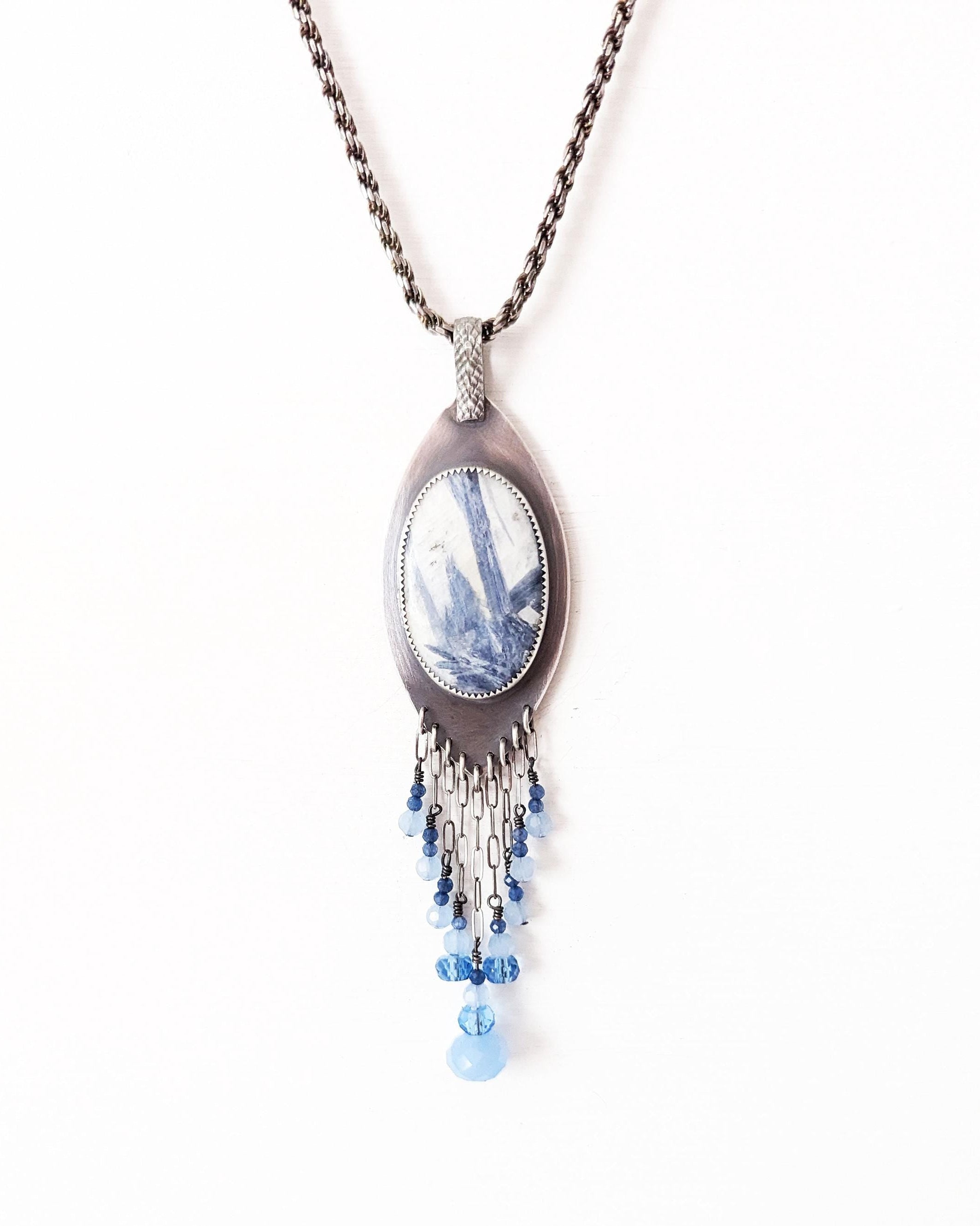 Bold blue pendant with kyanite quartz and cascading bead detail chain not included