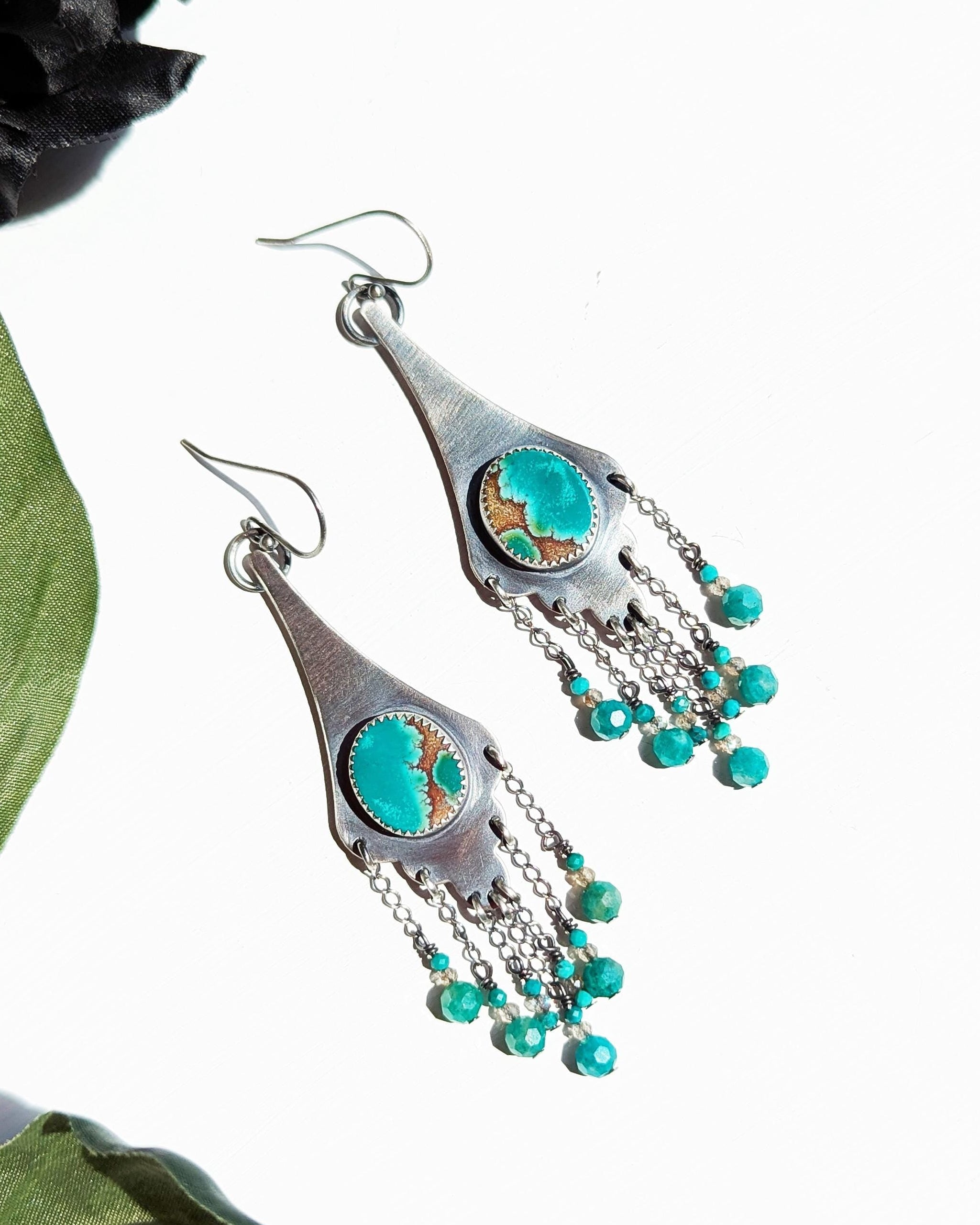 Tibetan turquoise and amazonite fringe earrings in oxidized sterling silver