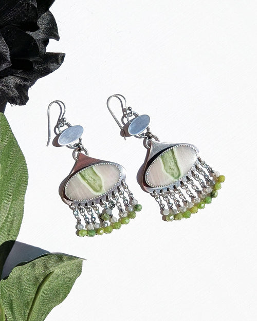Serpentine earrings with lime green and pale grey contrast