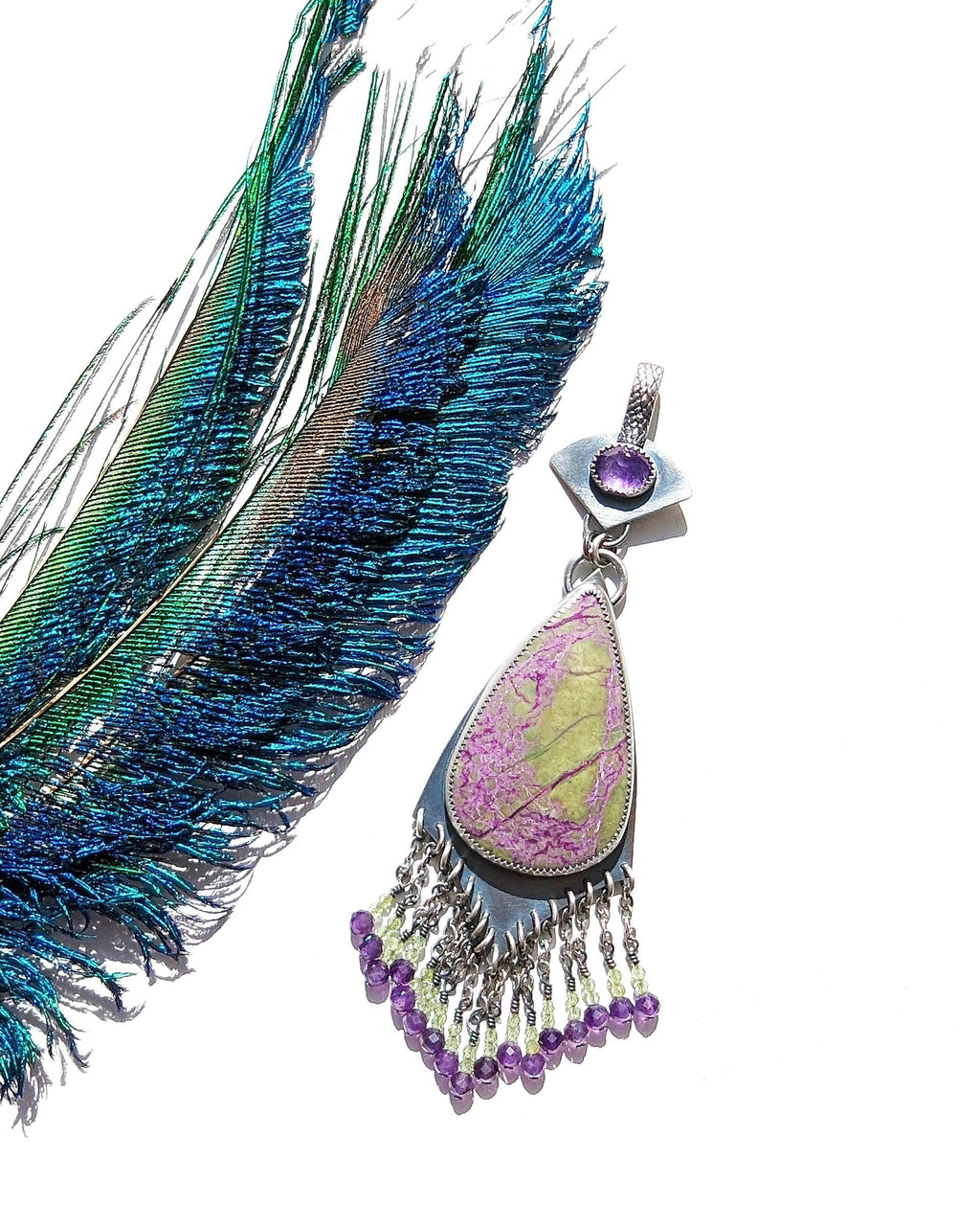Stichtite and amethyst pendant with peridot fringe in sterling silver