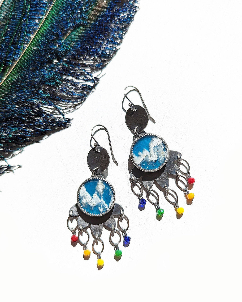 Rainbow fringe sterling silver earrings with plume agate