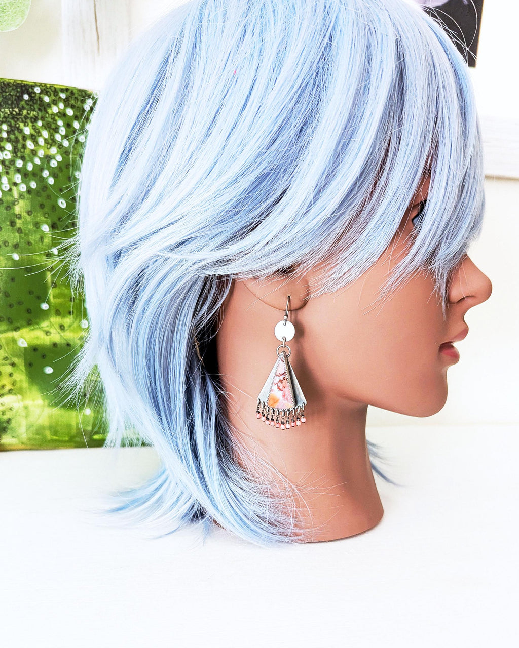 Beachy boho dangle earrings with vibrant coral fringe