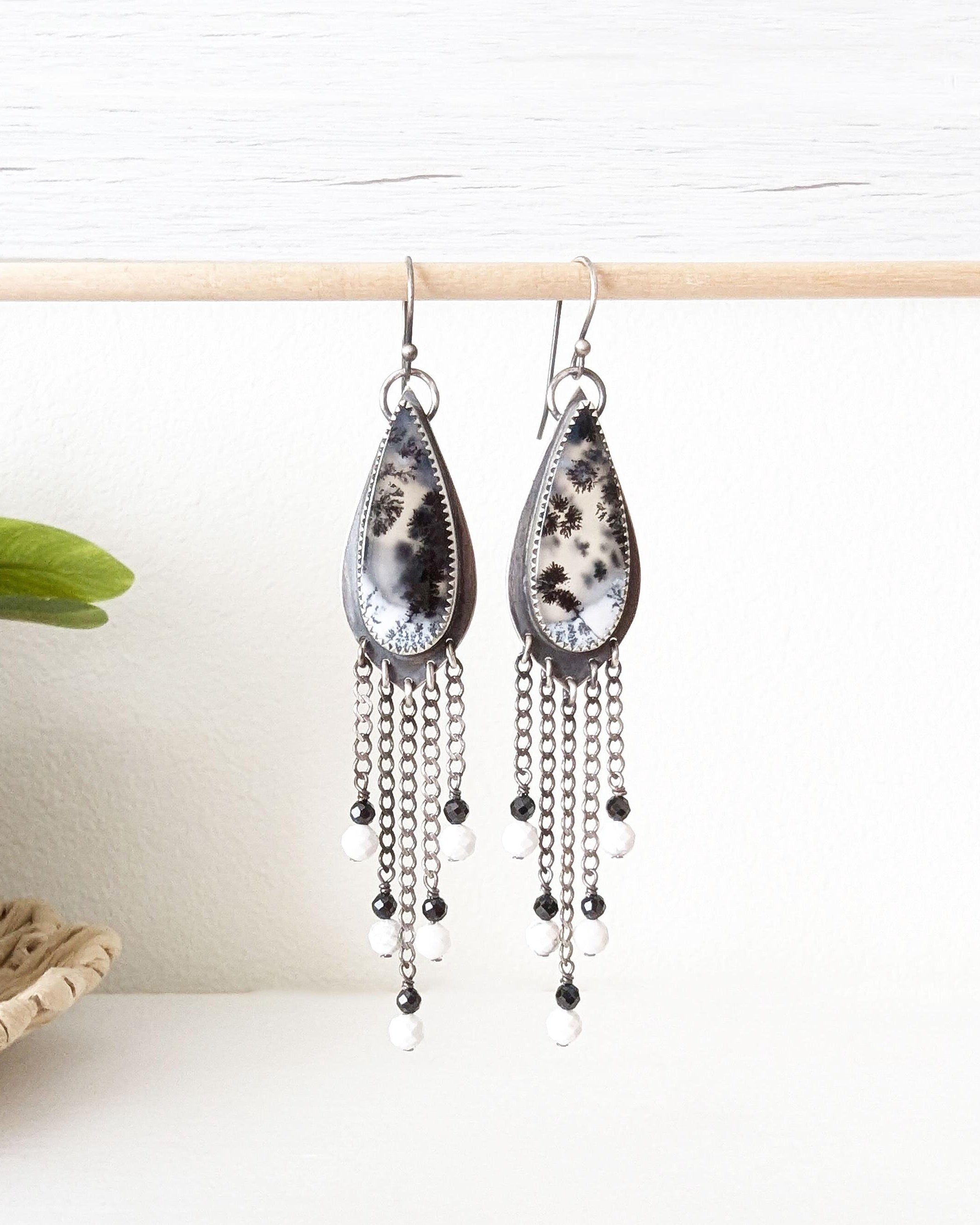 Dendritic opal leaf earrings with black spinel and white howlite fringe