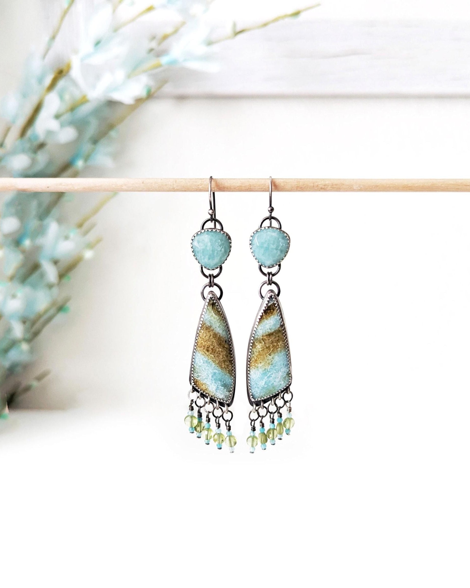 Amazonite and opalized wood earrings in oxidized sterling silver