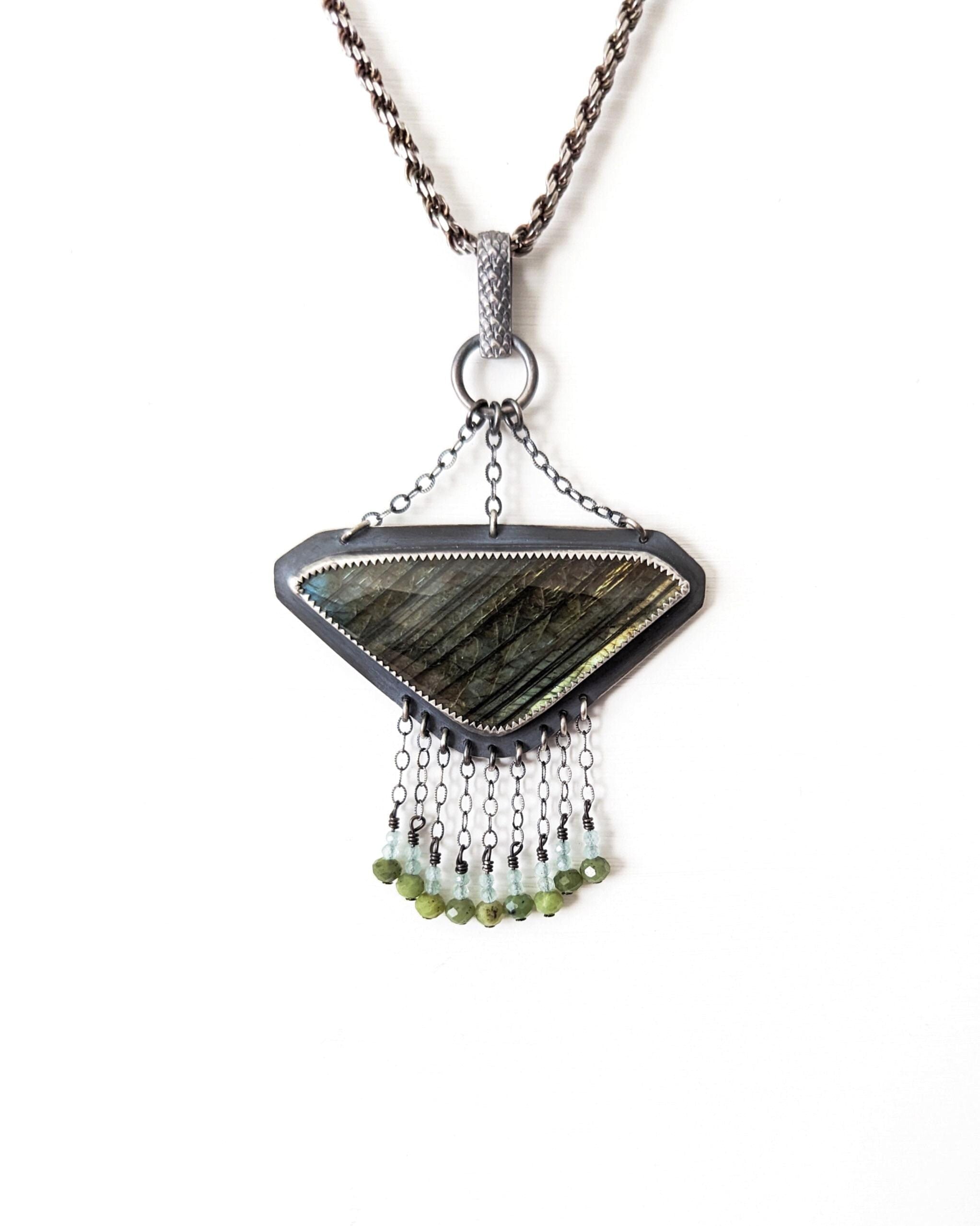 Aquamarine and nephrite jade bead fringe on geometric labradorite pendant
on a chain without flashing