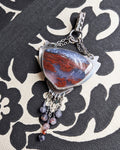 Purple and red moss agate pendant in oxidized sterling silver