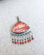Artisan orange agate necklace with coral bead fringe and oxidized silver