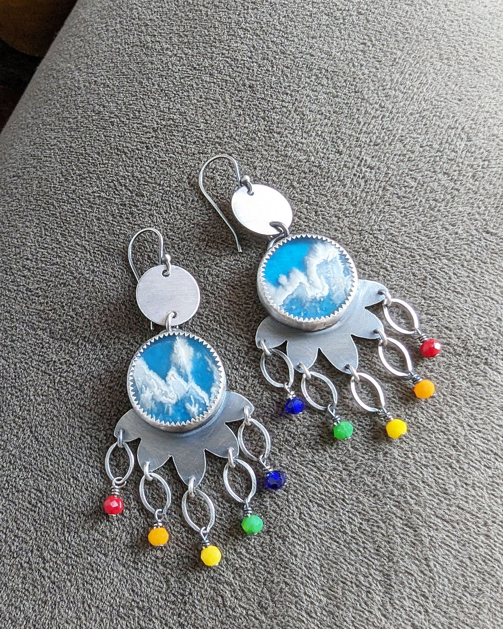 Whimsical rainbow bead fringe earrings handmade in silver