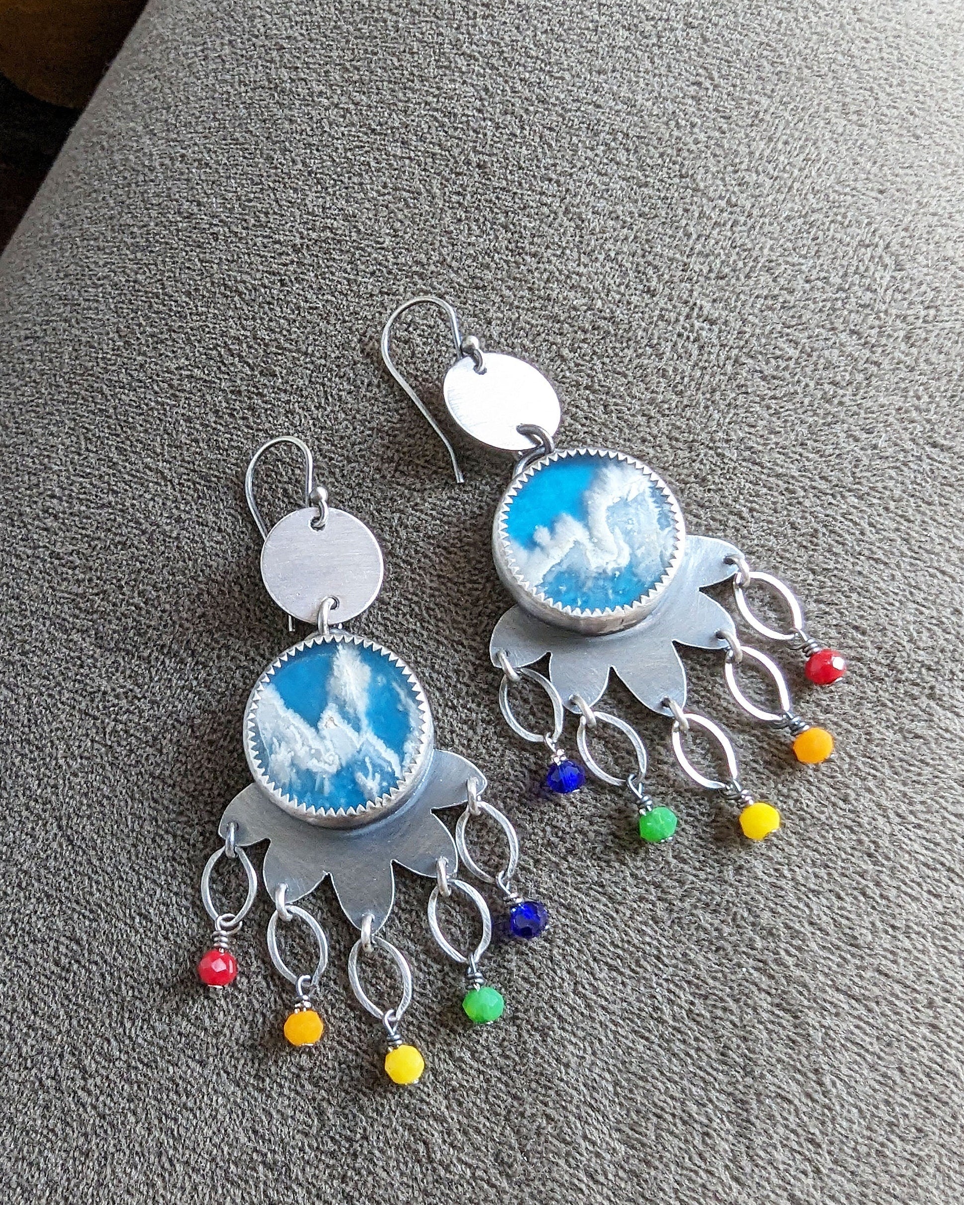 Whimsical rainbow bead fringe earrings handmade in silver