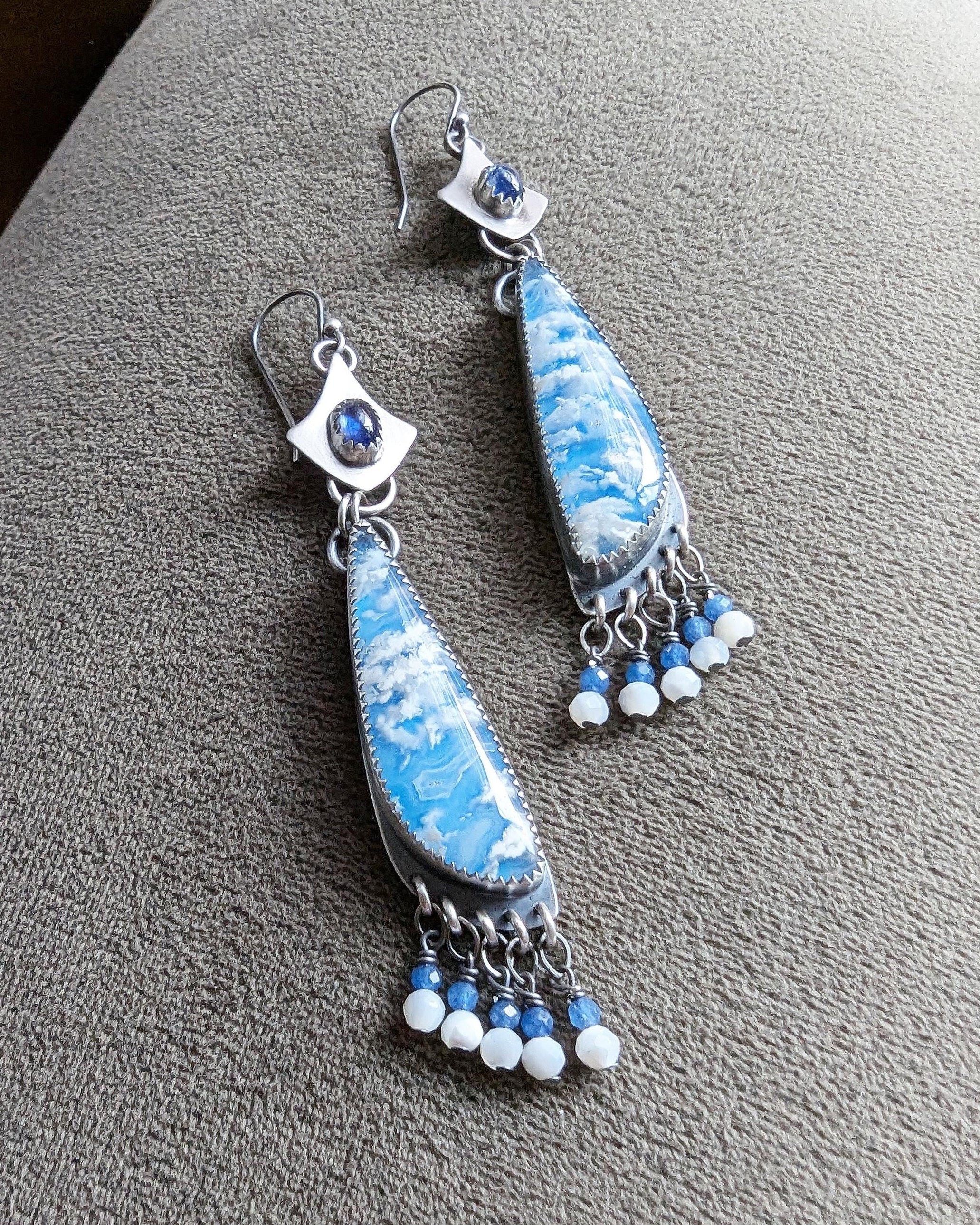 Blue sapphire and plume agate dangle earrings in sterling silver with bead fringe