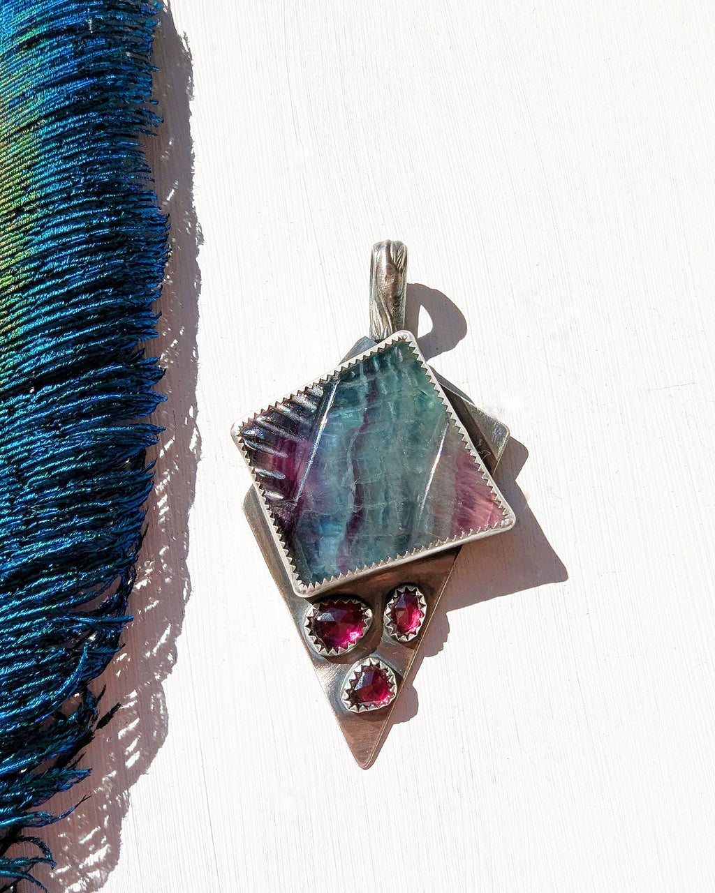 Colorful boho gemstone pendant in silver