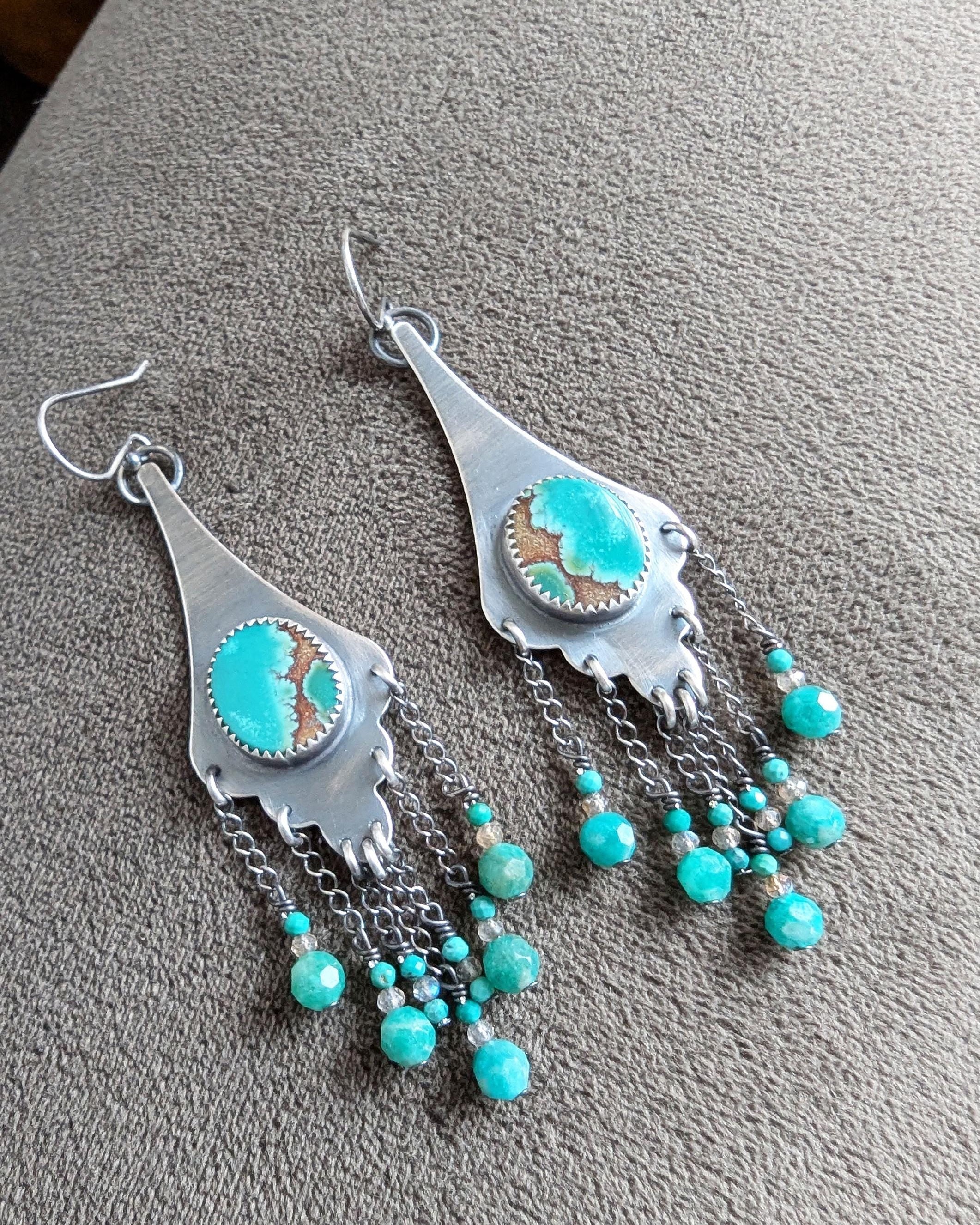 Scalloped silver drop earrings with turquoise and gemstone bead fringe