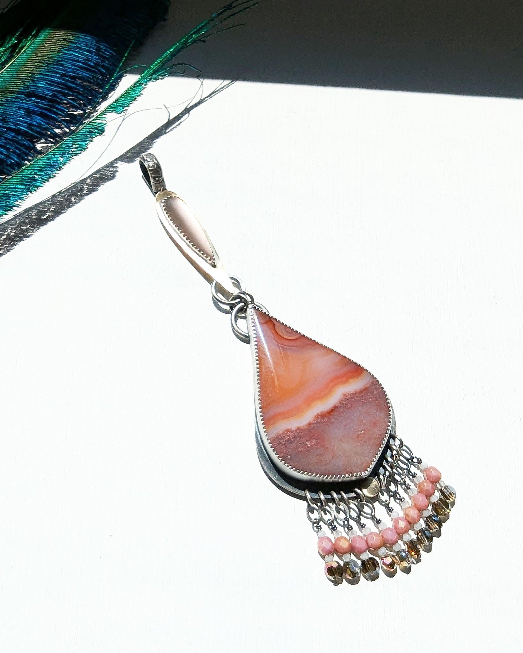 Vintage pink and gold glass bead fringe with white moonstone