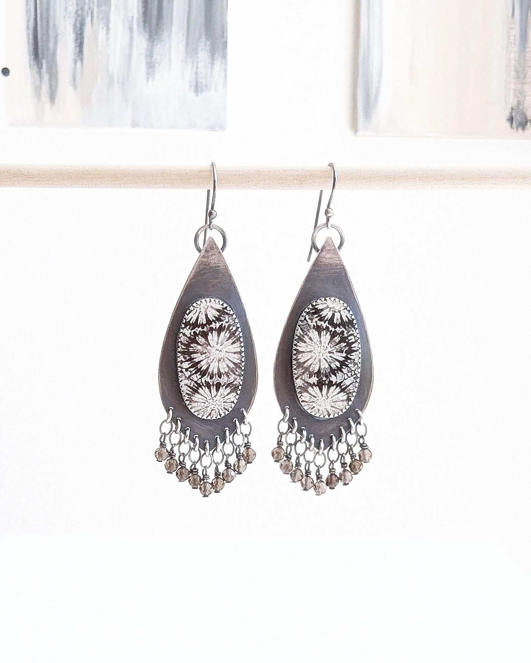 Fossil coral and smoky quartz earrings in oxidized sterling silver