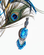 Bluebird azurite pendant with lapis lazuli and blue chalcedony fringe