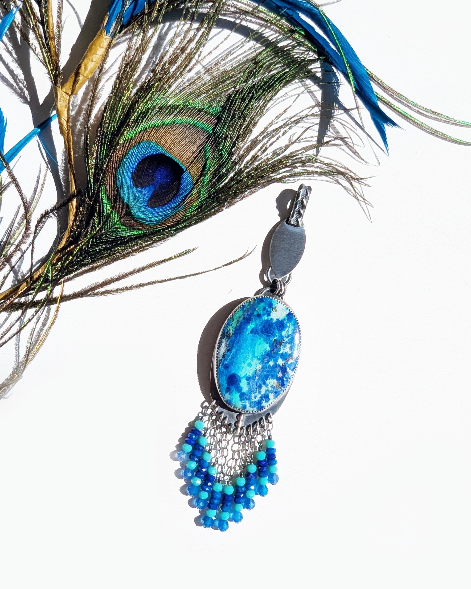 Bluebird azurite pendant with lapis lazuli and blue chalcedony fringe