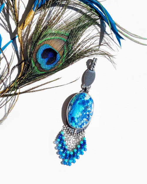 Bluebird azurite pendant with lapis lazuli and blue chalcedony fringe