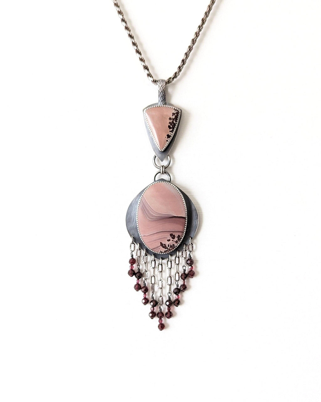 Apache Sage rhyolite jasper pendant with red garnet bead fringe shown on chain (not included)