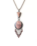 Apache Sage rhyolite jasper pendant with red garnet bead fringe shown on chain (not included)