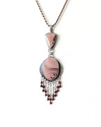 Apache Sage rhyolite jasper pendant with red garnet bead fringe shown on chain (not included)