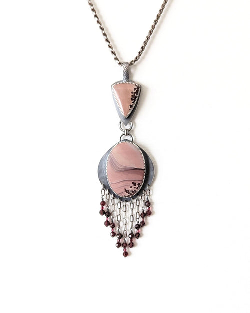 Apache Sage rhyolite jasper pendant with red garnet bead fringe shown on chain (not included)