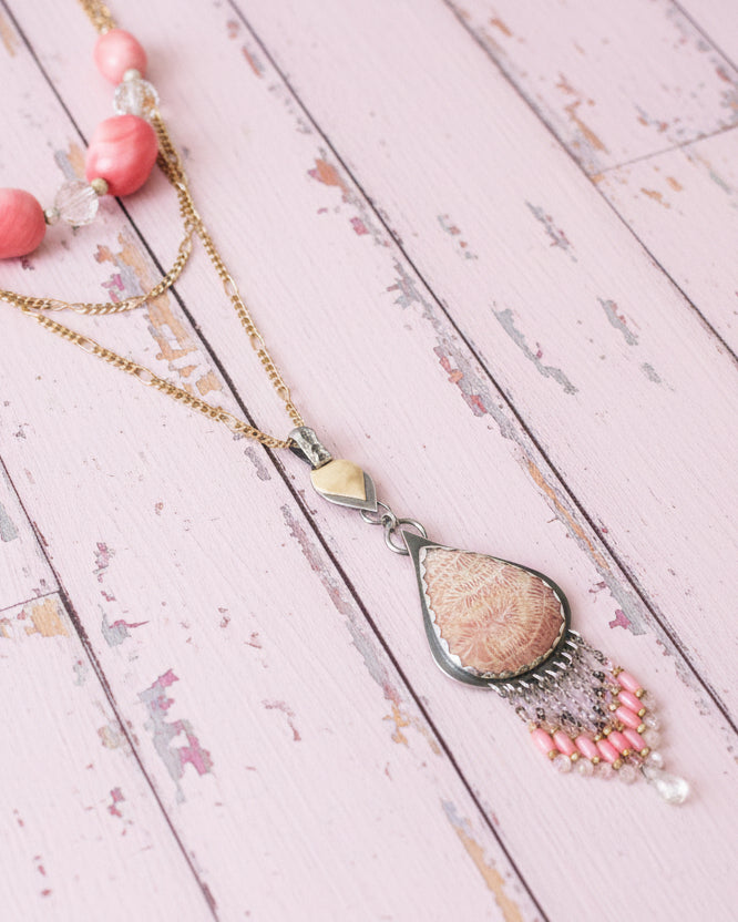 Teardrop fossil coral with subtle druzy crystal detail on chain with layer necklace (not included)