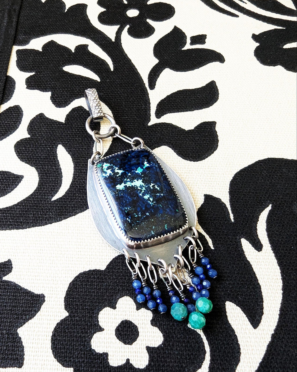 Azurite malachite pendant in oxidized sterling silver with gemstone fringe