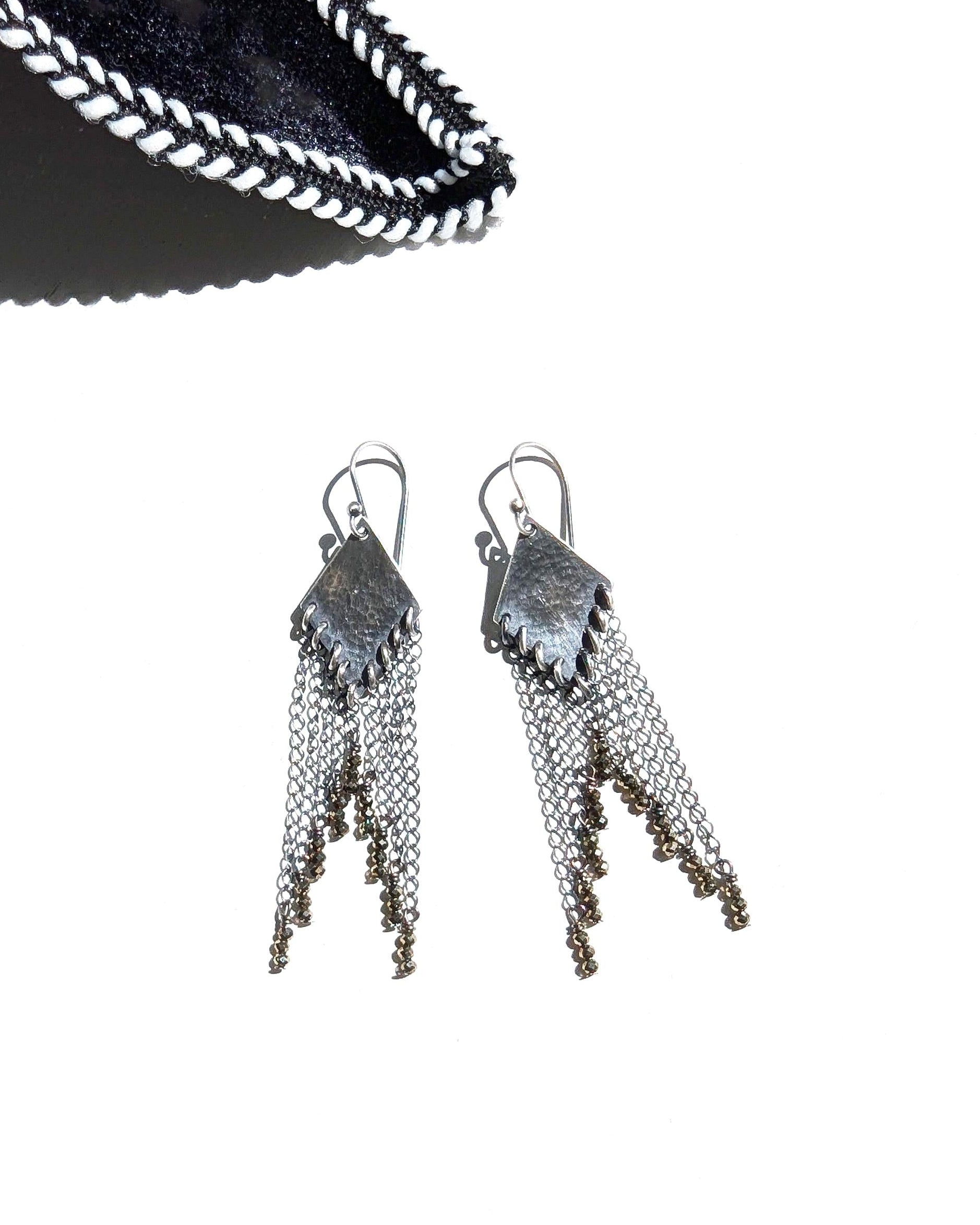 Pyrite fringe earrings with diamond-shaped hammered oxidized sterling silver drops

