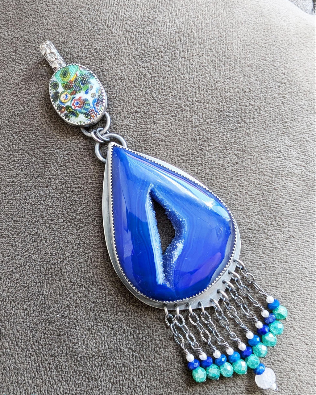 Big colorful druzy agate necklace with lapis moonstone and CZ accents