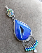 Big colorful druzy agate necklace with lapis moonstone and CZ accents