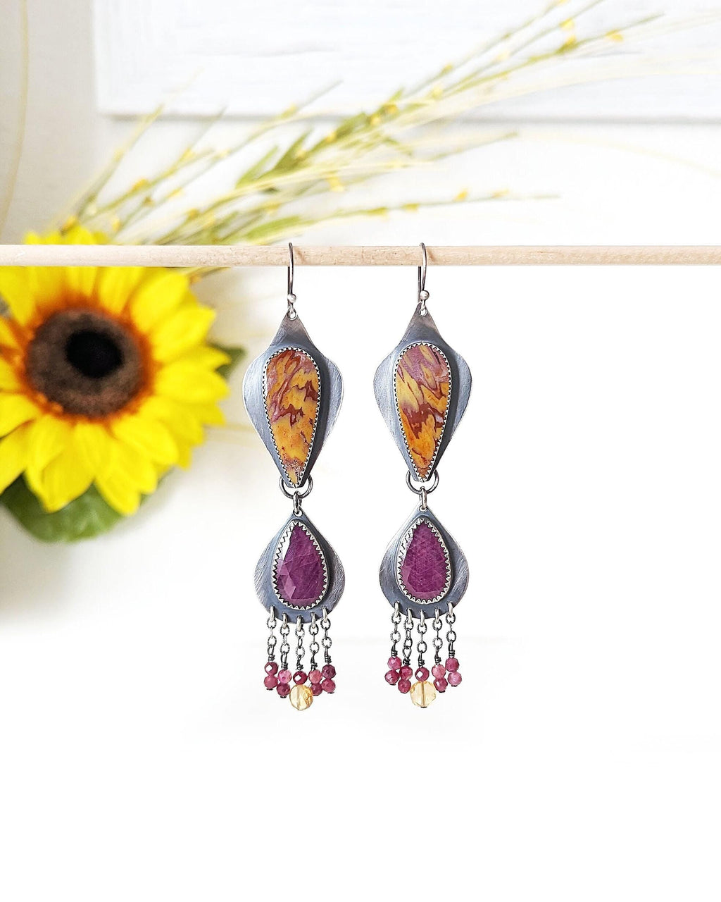 Long duster earrings in oxidized sterling silver with gemstone fringe