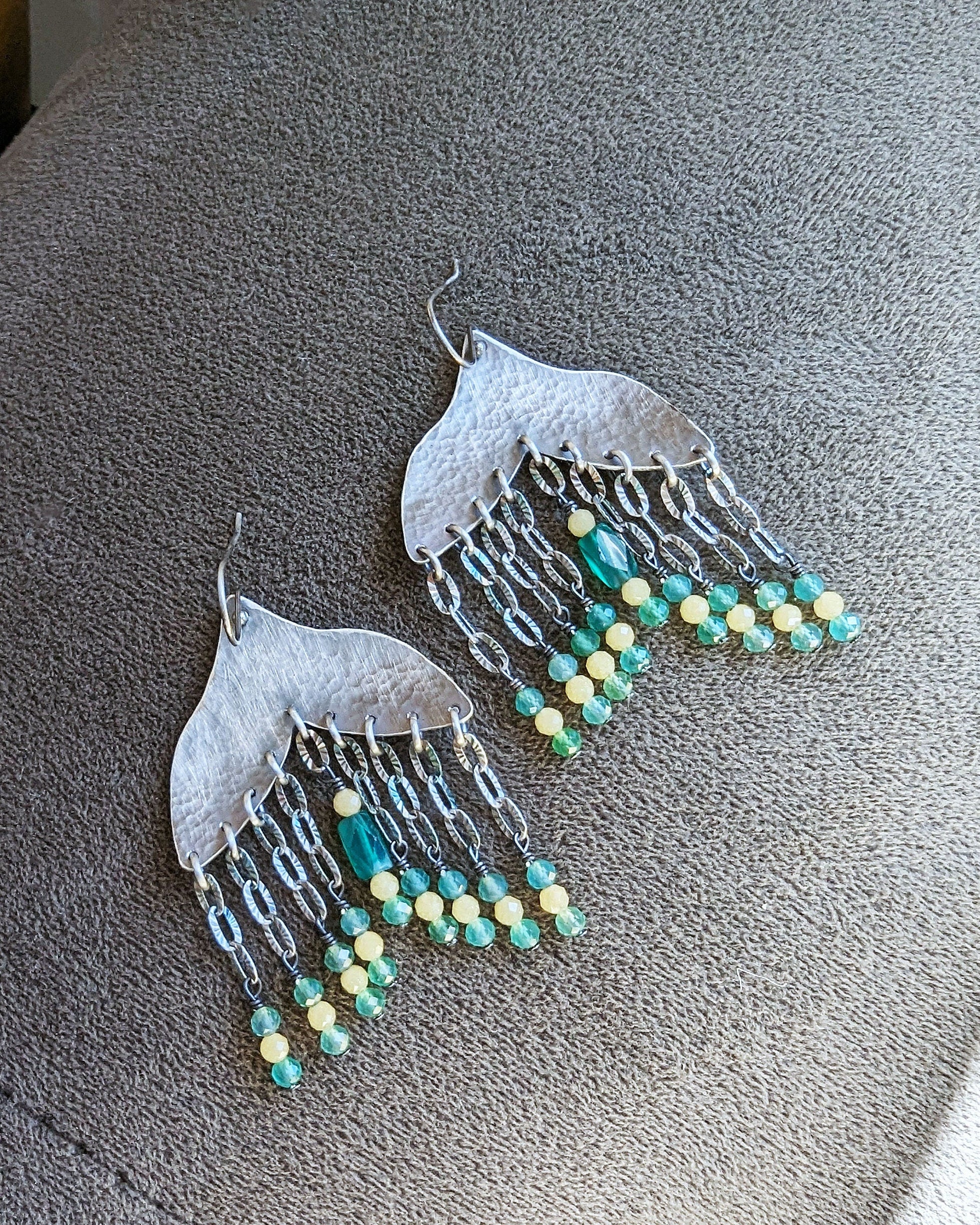Handcrafted sterling silver petal earrings with bright gemstone beads by Rebellenhaus