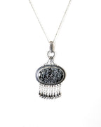 Chain fringe with black spinel and silver-coated pyrite on obsidian pendant
