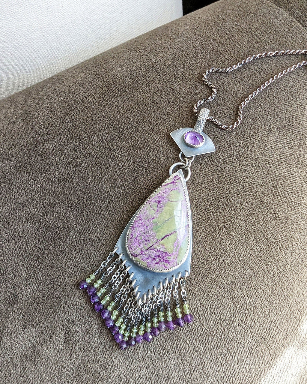 Purple and green statement pendant with beaded peridot and amethyst fringe on chain (not included)