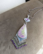 Purple and green statement pendant with beaded peridot and amethyst fringe on chain (not included)