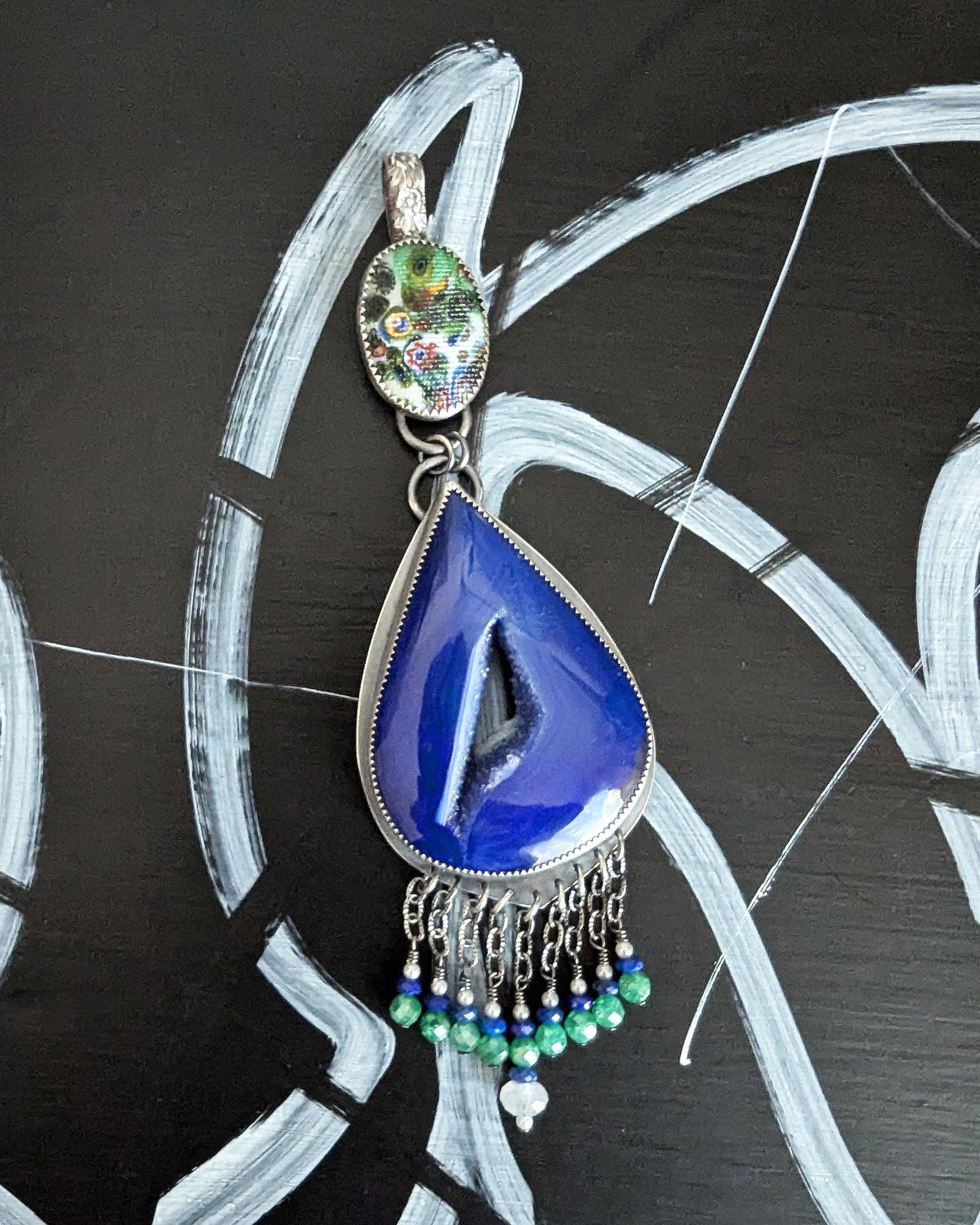Vintage inspired boho pendant with blue agate and mixed gem fringe