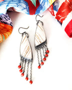 Asymmetrical triangle sterling silver earrings with red coral drops