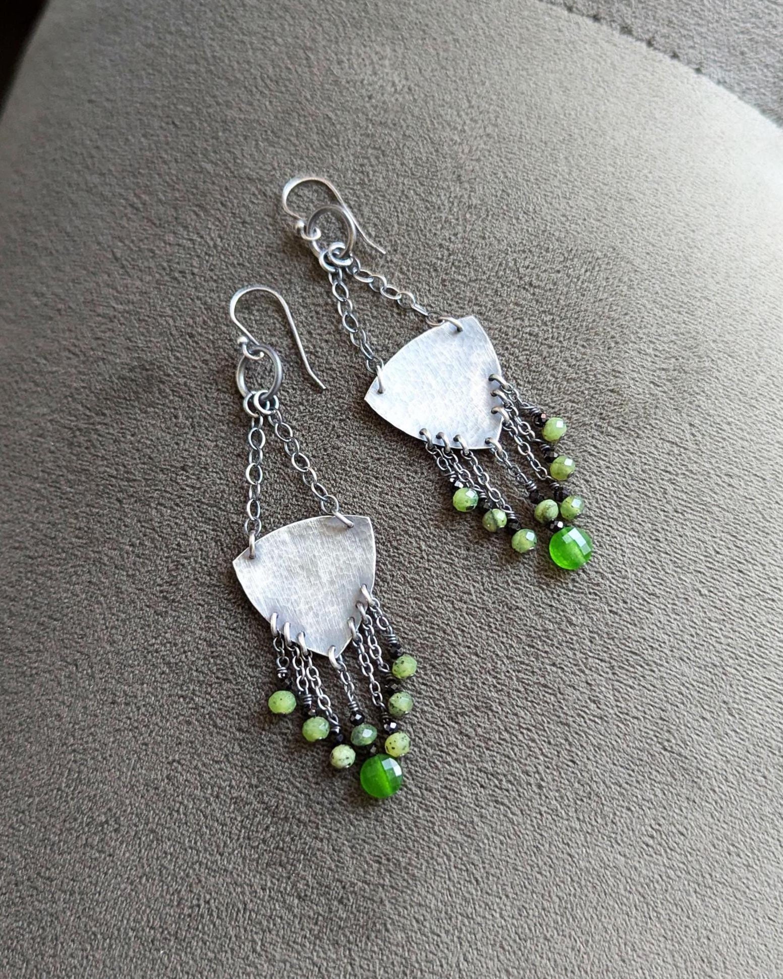 Shield shaped sterling silver earrings with green jade bead fringe