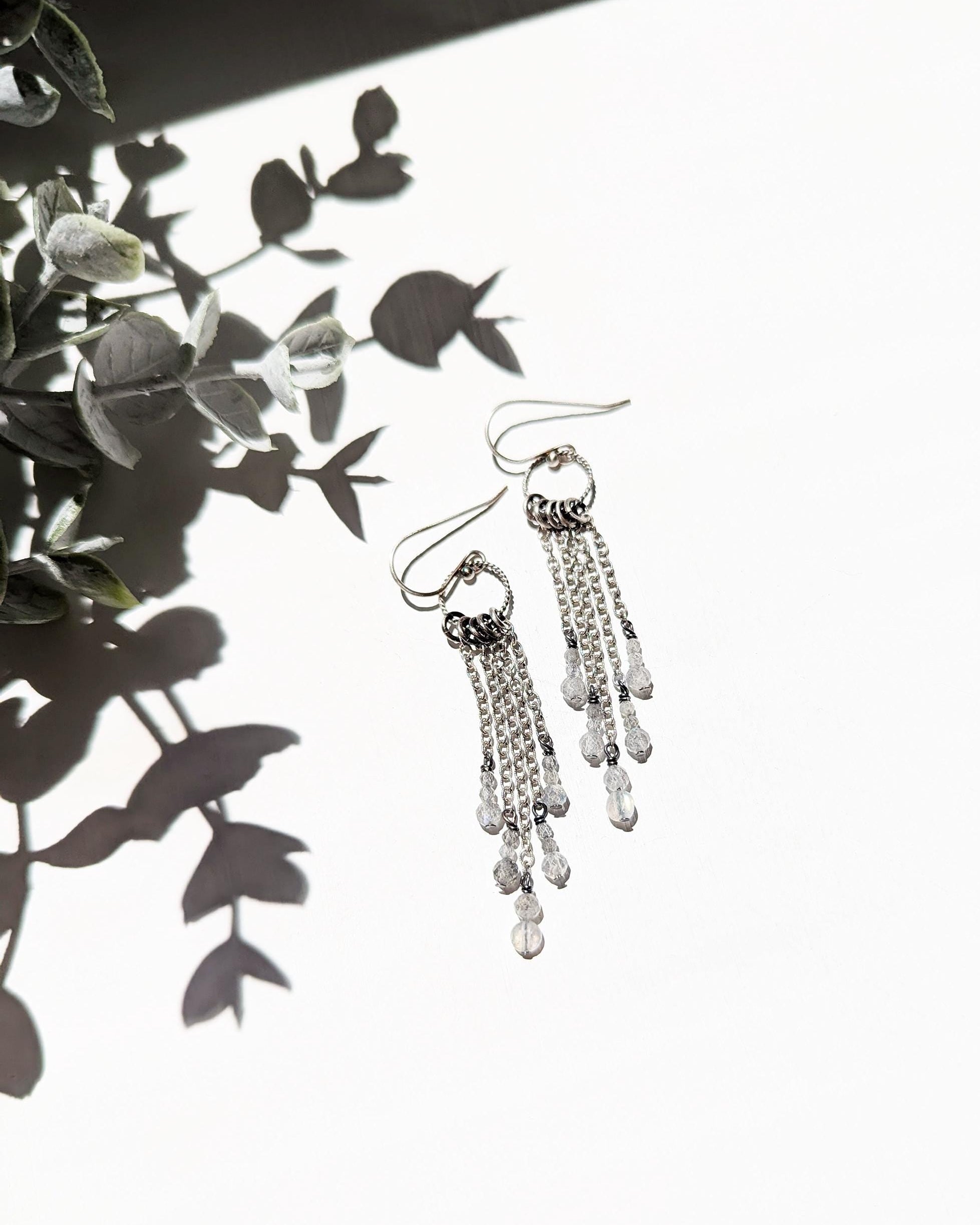 Boho chic labradorite earrings with subtle pastel flashes and silver accents