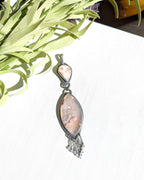 Druzy flower agate pendant with oxidized sterling silver and pearly thomsonite bail
