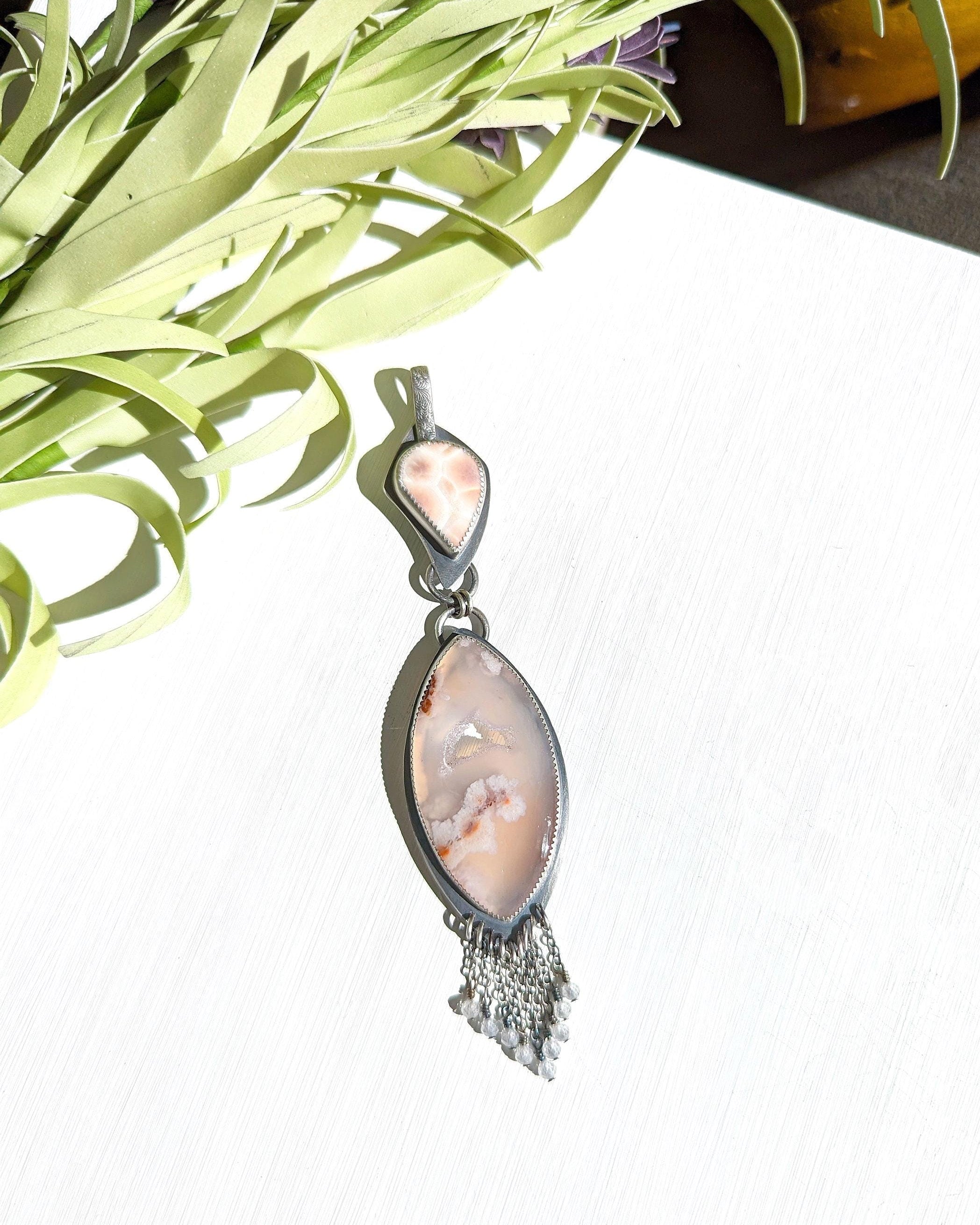 Druzy flower agate pendant with oxidized sterling silver and pearly thomsonite bail
