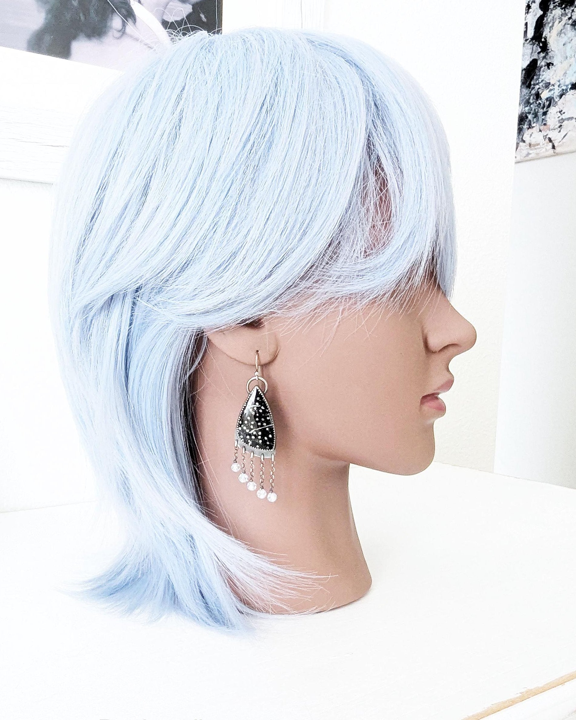 Palm root agate drop earrings worn to show size and mediumweight scale
