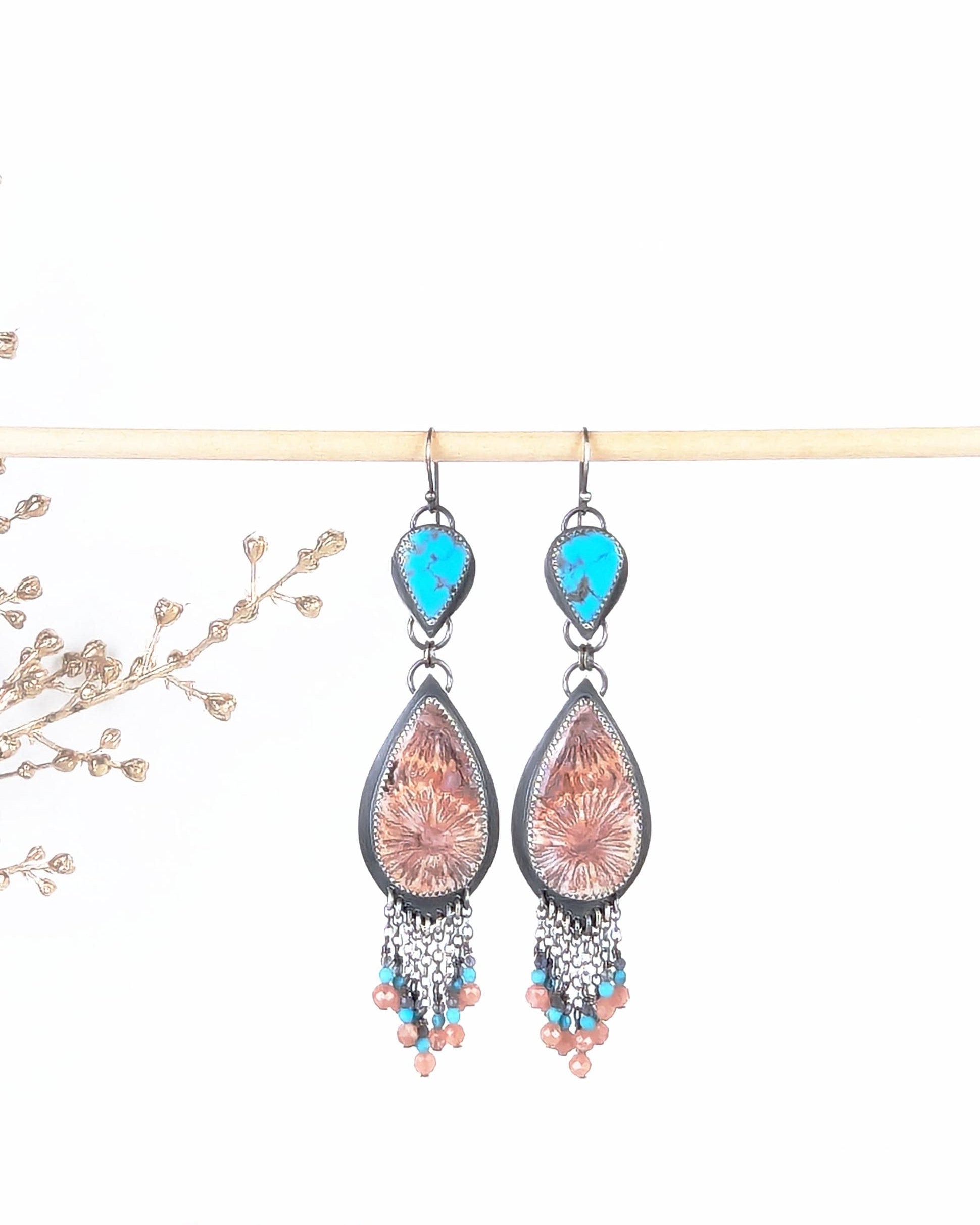 Kingman turquoise and fossil coral statement earrings in oxidized sterling silver