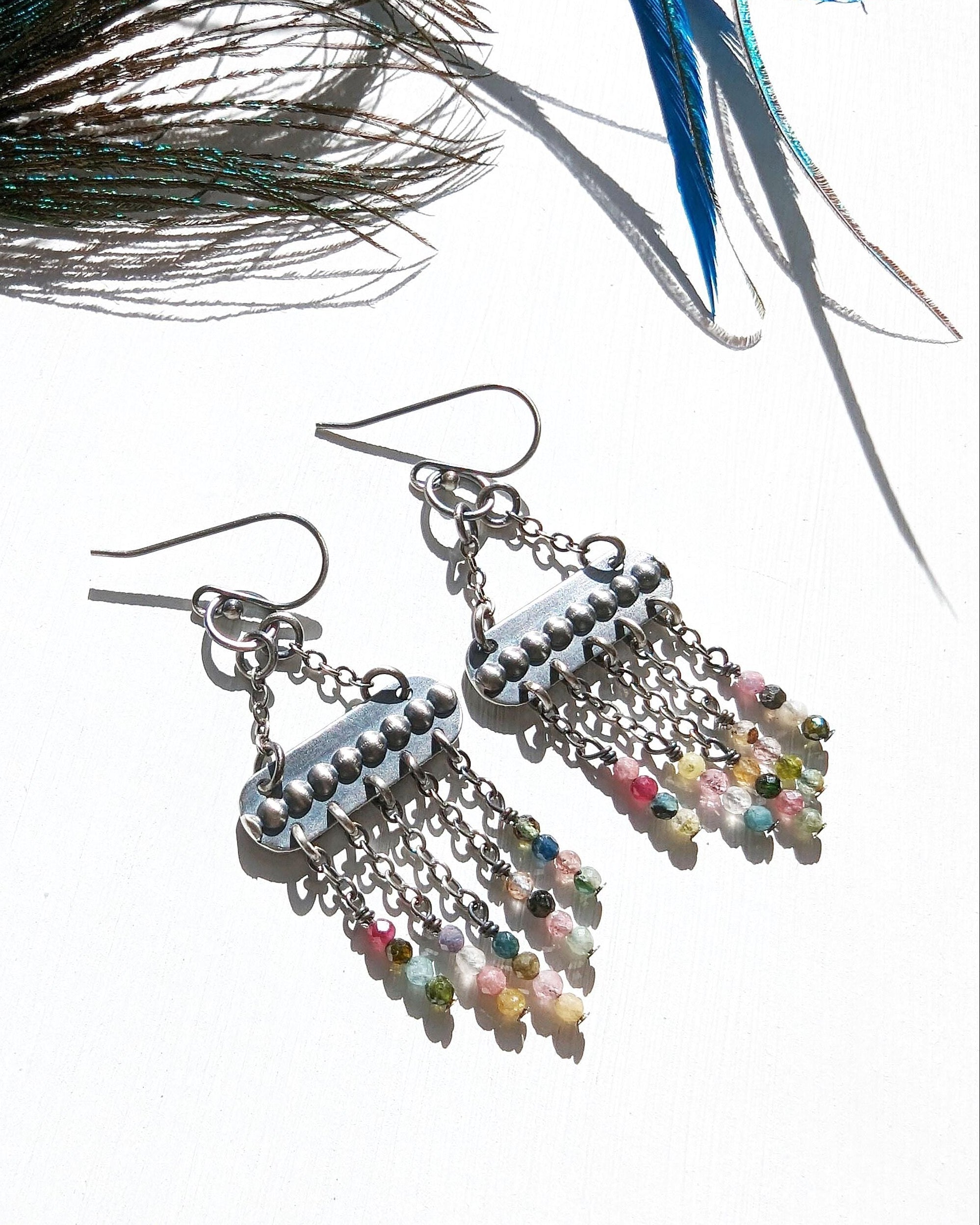 Rainbow tourmaline fringe earrings with silver bar drops