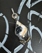 Palm root druzy agate statement pendant with mixed metal fringe