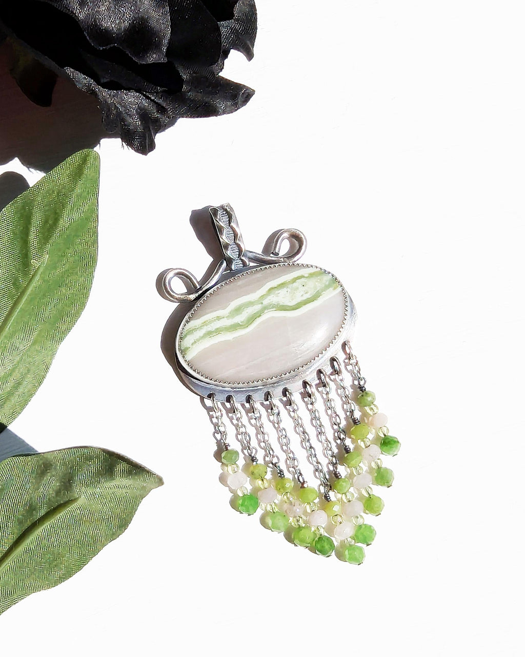 Artisan sterling silver pendant with mixed green gemstone beads