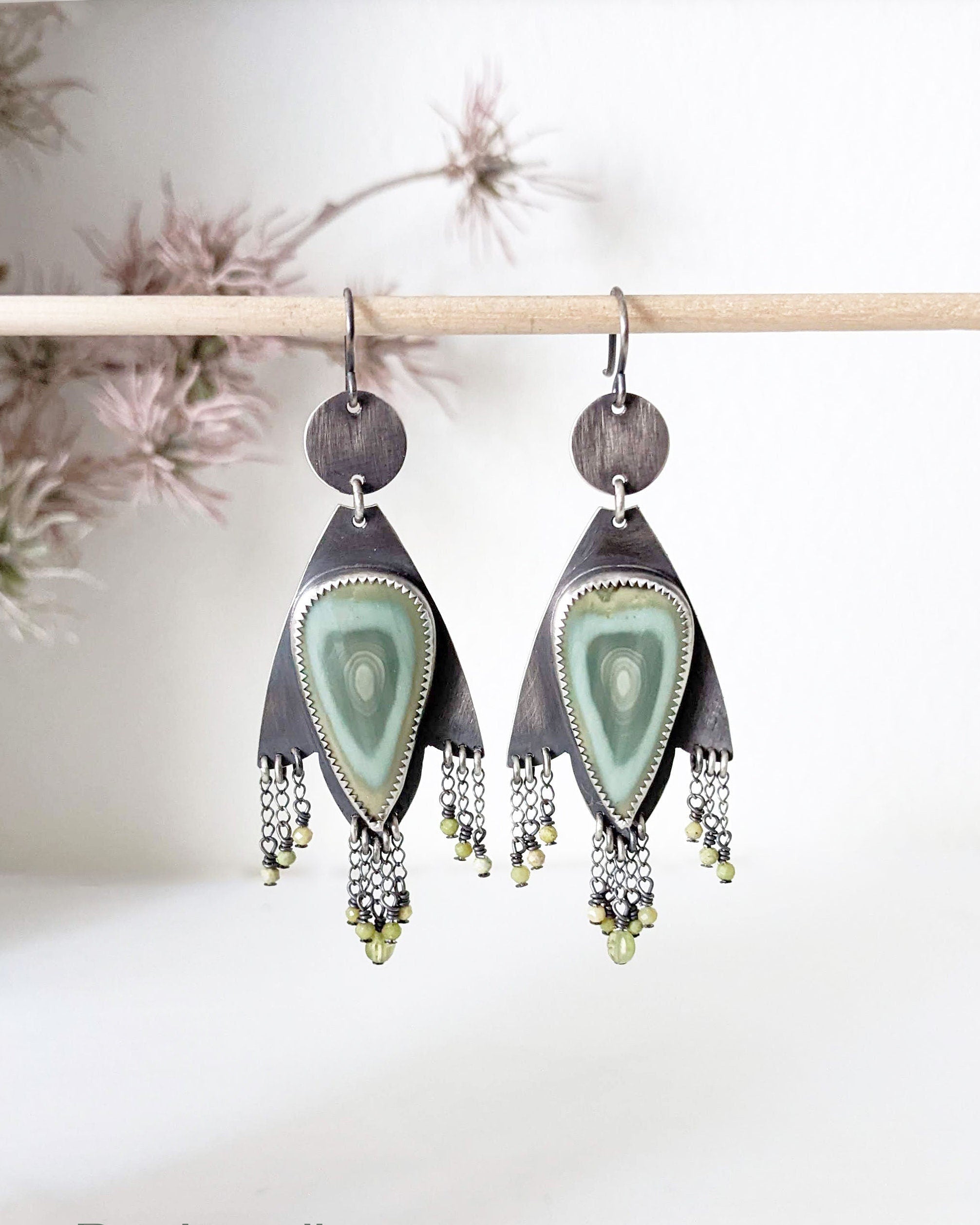 Green and blue imperial jasper earrings with green opal and peridot bead fringe