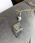 Ammonite mosaic statement pendant with pyrite in oxidized sterling silver shown on chain (not included)